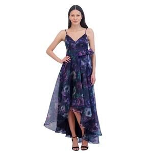 Eliza J Floral Print Sleeveless High Low Ethereal Whimsical Gown Navy NWT 8